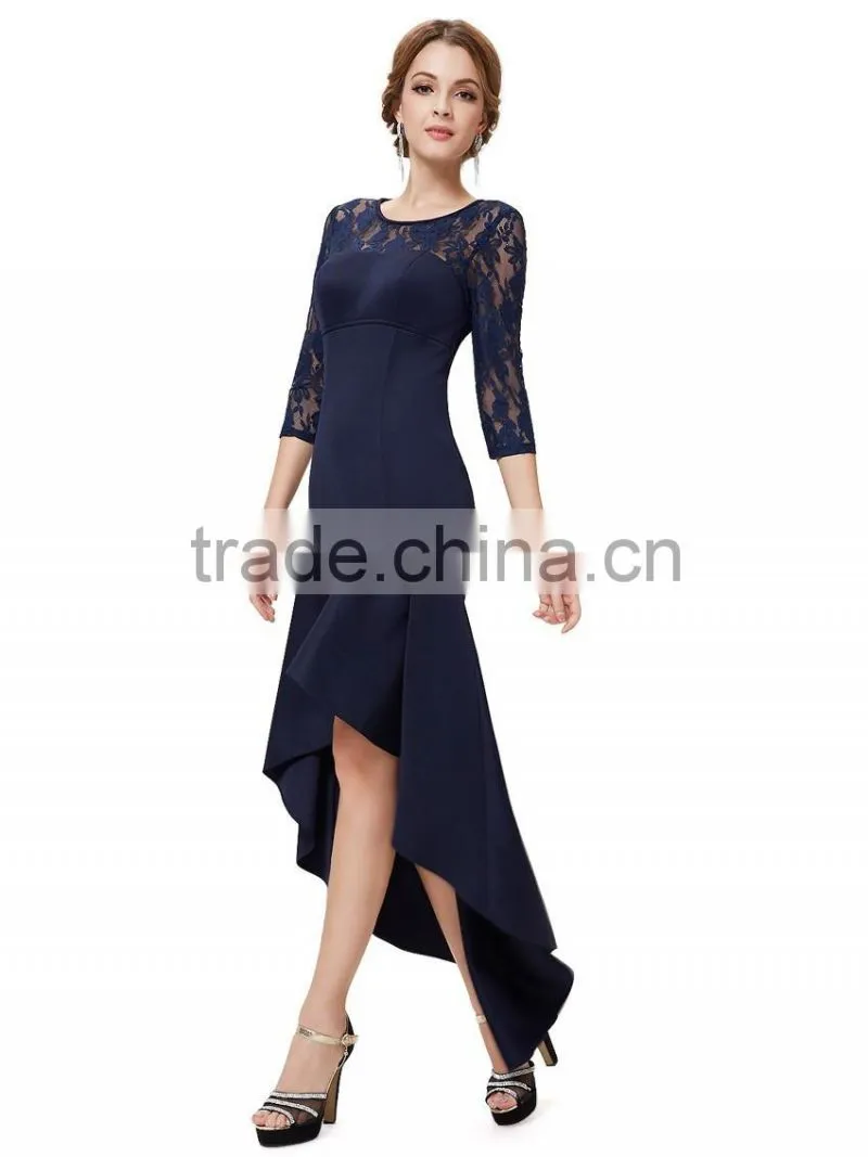 Woman new fashion design long prom dress europe style, 3/4 lace sleeve and high-low hemline see-through free prom dresses