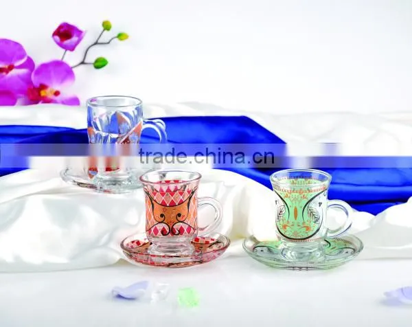 Beautiful decal glass tea cup saucer set