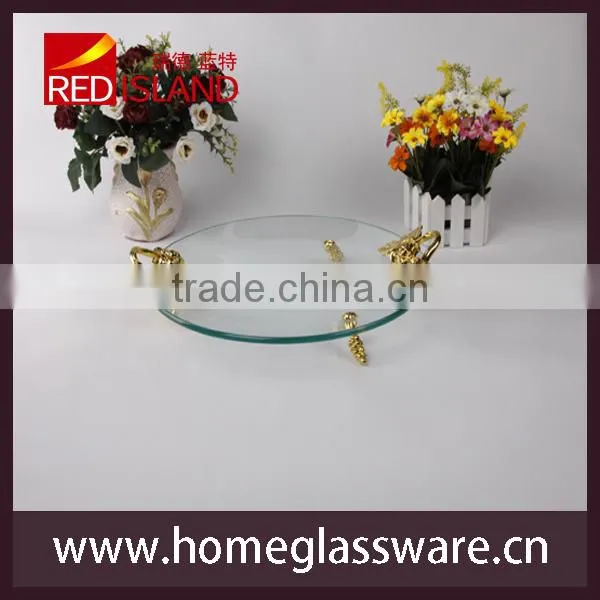 Tempered glass tray with feet and metal handle of rose shape