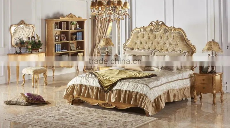 Luxury Gold Painting Royal Bed With Night Stand, Antique Solid Wood Carved Bedroom Set, Palace Design Wood Bedroom Furniture Set