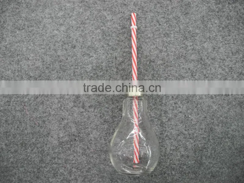 transparent bulb shape glass dringking bottle with straw