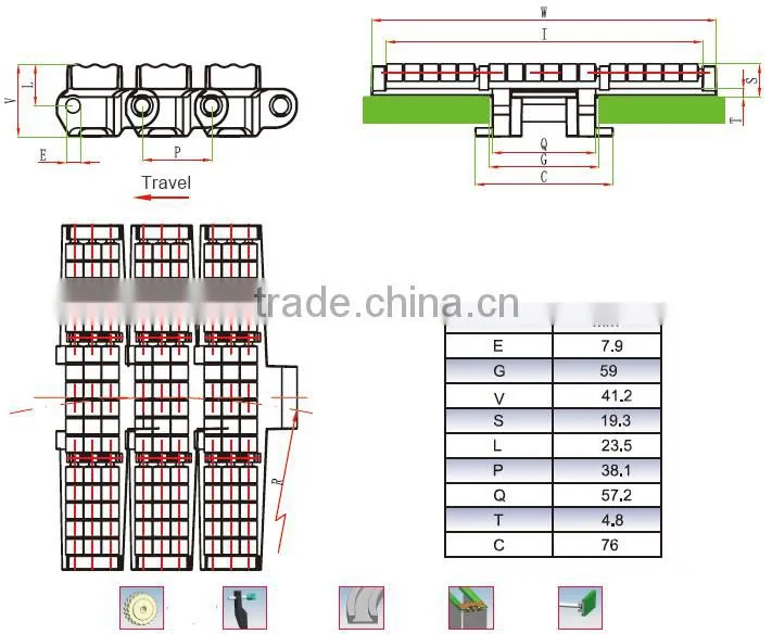 882PRR-TAB side flexing plastic roller conveyor table top chain