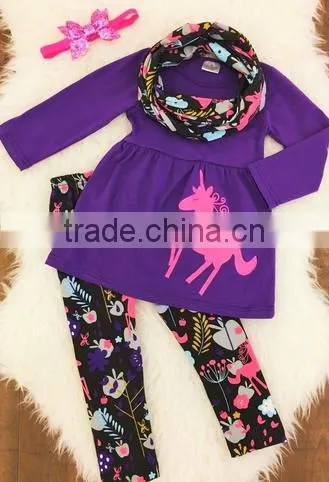 Girl Christmas ponies' applique purple cheap christmas clothing suit baby girl clothes
