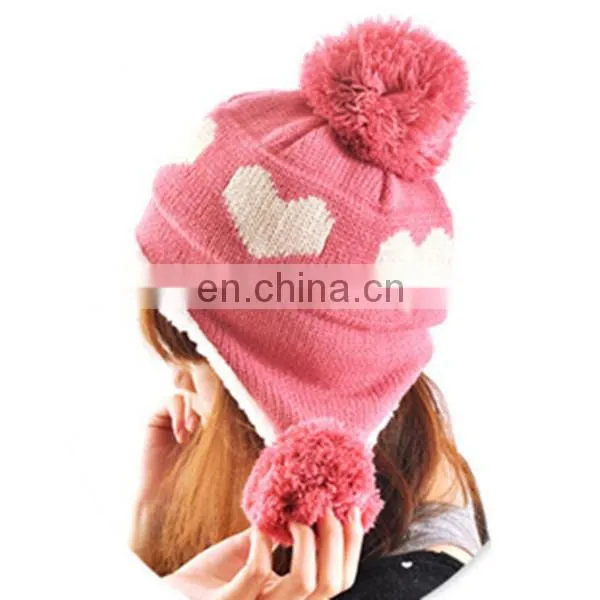 Knitted Earflaps Pom Winter Polar Fleece Lining Beanie Hat Factory