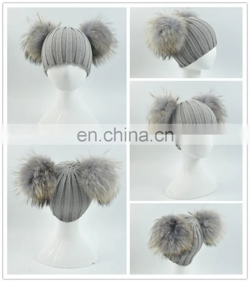 Wholesale Fashion Cheap kids Knitted Hats Real Fur Two Poms Kids Hat Winter