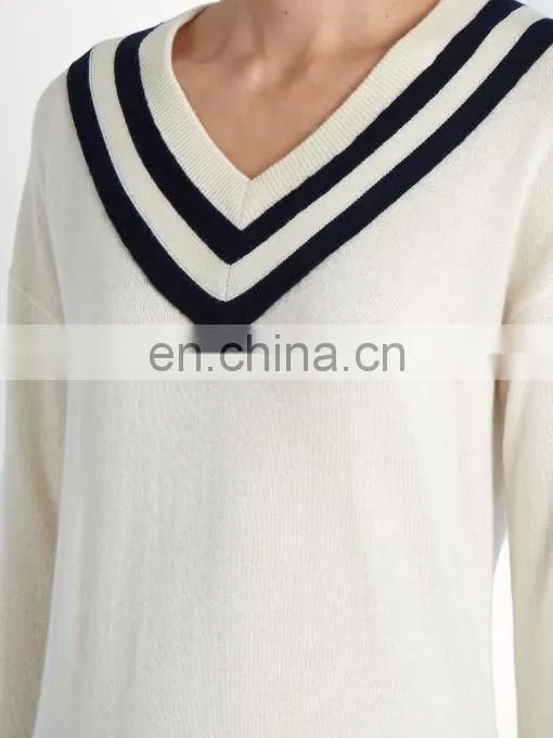 High Quality Varsity V-neck wool and cashmere-blend sweater Fashion Design Women Long Sleeve Sweater
