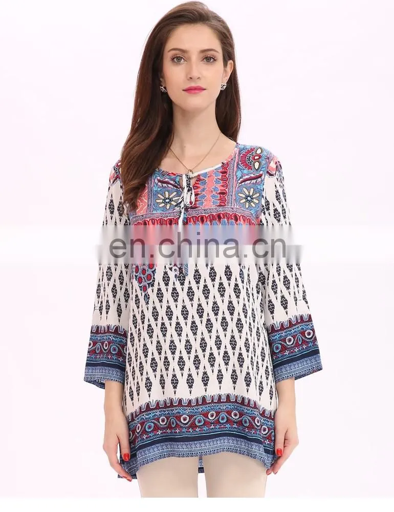 2017 Hot Selling In Stock Women Summer Boho Border Printed Tunic Tops
