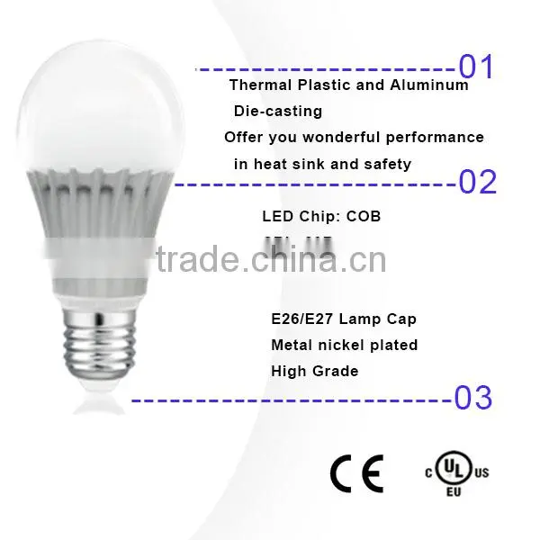 60 watts replacement 9.5W energy saving 2700k dimmable COB A19 LED bulb