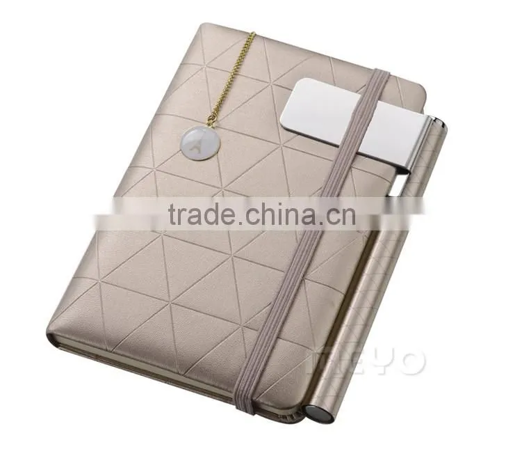 PU notebook rubber bans thin metal bookmark clamp steel pen gift set