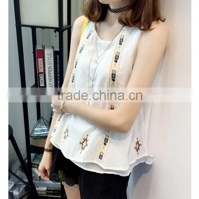 Latest Women's Clothing Loose Embroidery White Chiffon Vest 2015