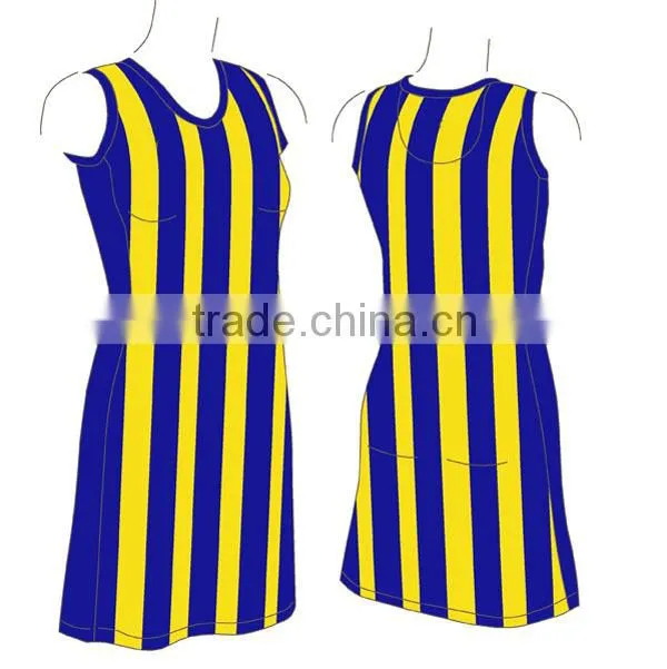 Yellow and blue stripe netball dress design wholesale