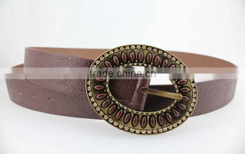 2015 Vintage Style women's fashion PU brand belt with rhinestone circle shape buckle