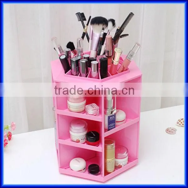 Hot sell pink rotating acrylic cosmetic organizer, custom plastic storage cosmetic organizer
