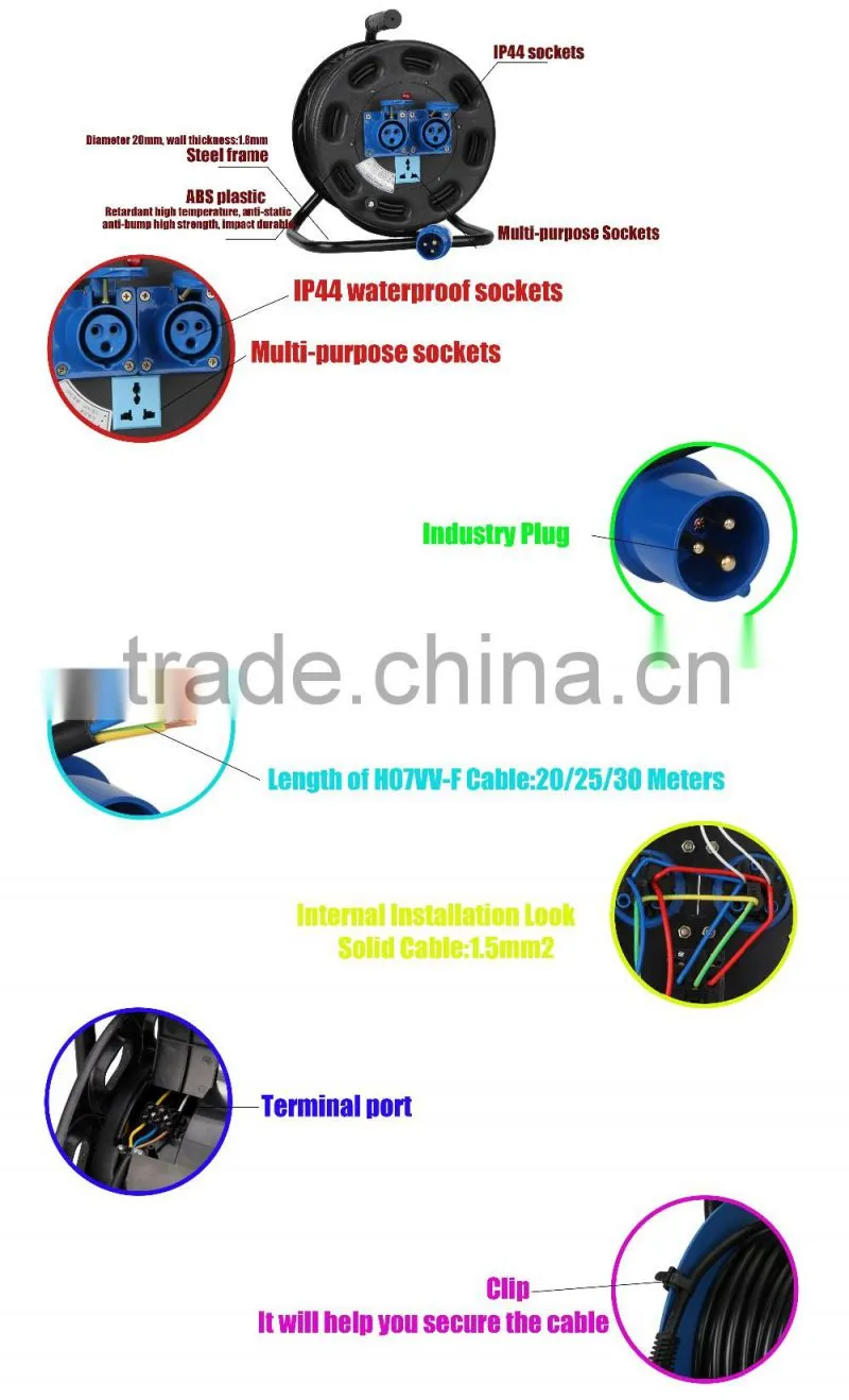 IP44 extension cord flexible cable reel electric