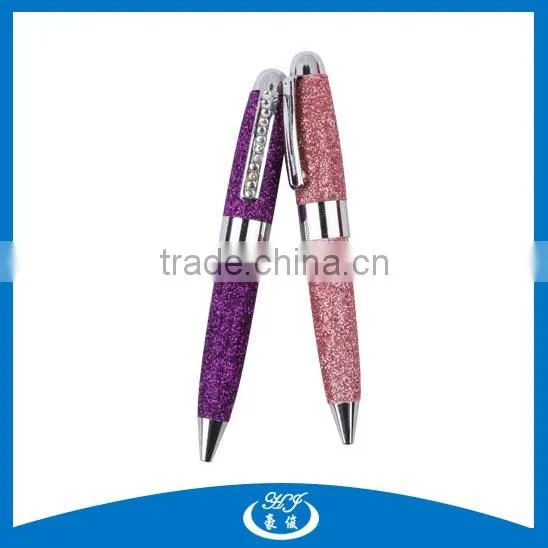 Beautiful PU Glitter Leather Twist Metal Short Pen For Girls
