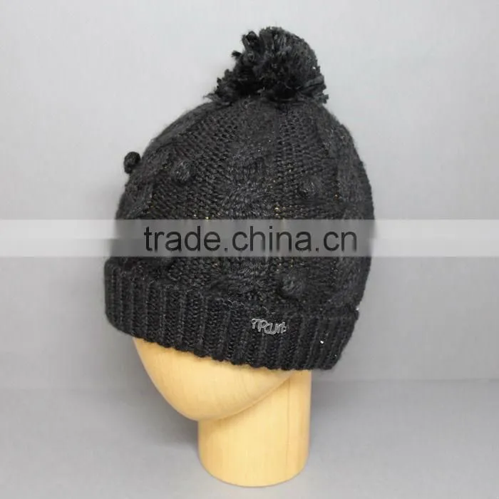 SEQUIN KNIT HAT/WINTER HAT/KNIT CABLE POMPOM BEANIE HAT/SKI HAT/KNIT HAT/WINTER SPORTS HAT/POMPOM HAT