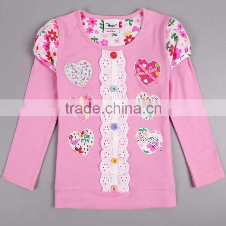 2-6Yrs (6518#PINK&WHITE)Ready made wholesale kid wear long sleeve heart appliqued winter top