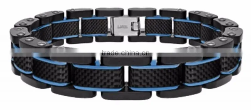 Fashion Men's stainless steel & carbon fiber Polished Bracelet Wholesale