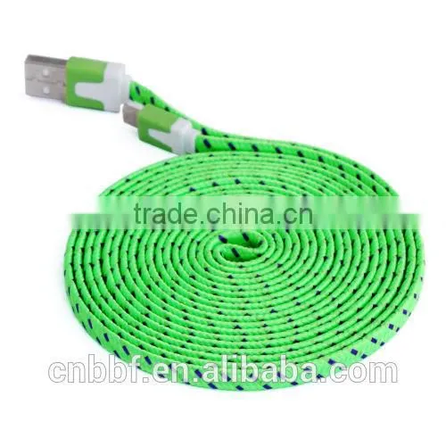 MICRO USB woven flat noodle Fabric Braided Data Sync Charge Cable for galaxy s3 s4
