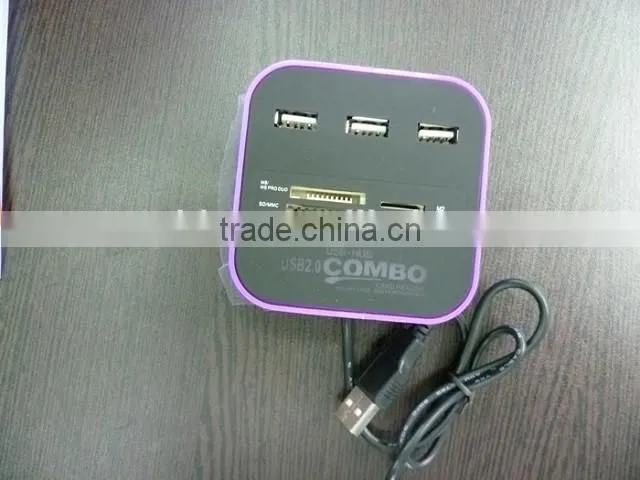 2016 Inovative Products Top Quality Logo Printed 3 Port USB Hub Card Reader, USB2.0 HUB with Cable