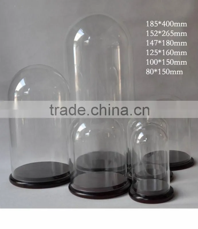 Wholesale clear glass bell jar with wooden base, high quality glass bell jar dome manufacture