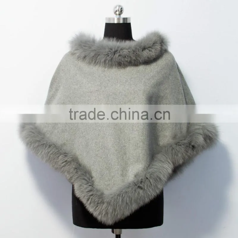 wholesale fashion cashmere cape with fox fur trim 201601