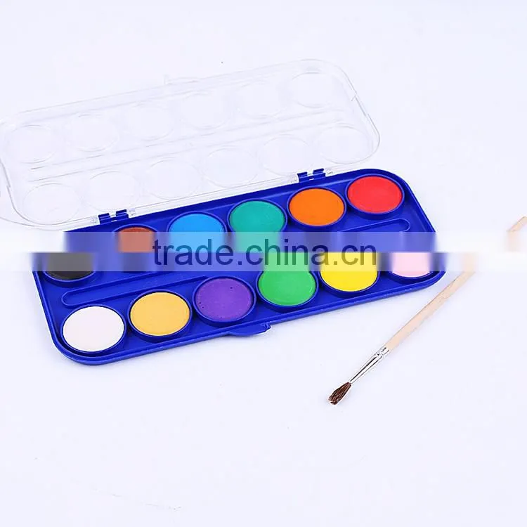 Detail Solid Watercolor Cake Set, 12Color Samll Palette With Wood Handle Paint Brushes For Children Student Drawing Watercolor