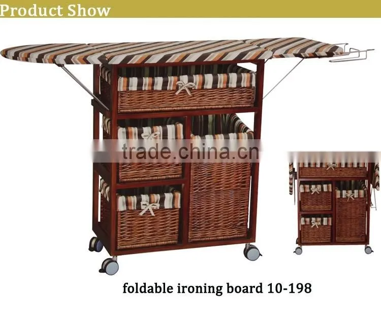 wooden ironing board table in cabinet with wheels and willow baskets