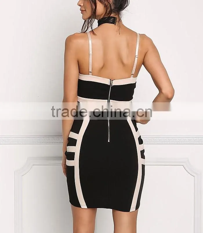 Sexy Black Two Tone Plunge Spaghetti Straps Bodycon Dress Girls Night Club Dress Photos Without Dresses HSD5930