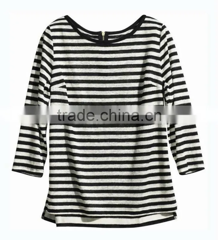 trendy summer loose fit 3/4 sleeve striped ladie t-shirt with back zipper