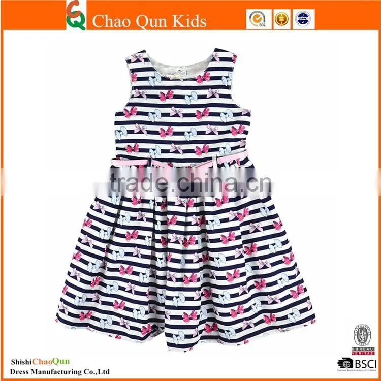 New classic stripes muti-layers summer latest fashion dresses with bow print