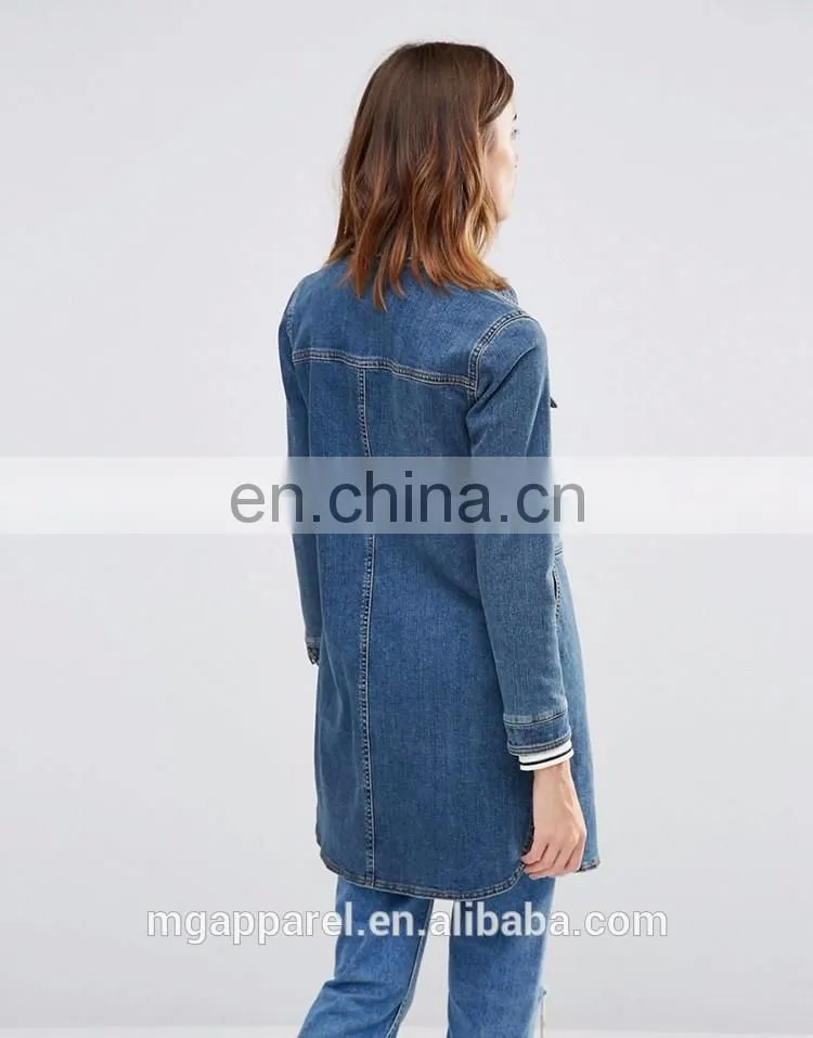 Stretch denim fabric women blue long jean jacket wholesale
