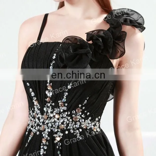 Grace Karin One Shoulder Flower Floor Length Black And Red Evening Dresses CL4448-1