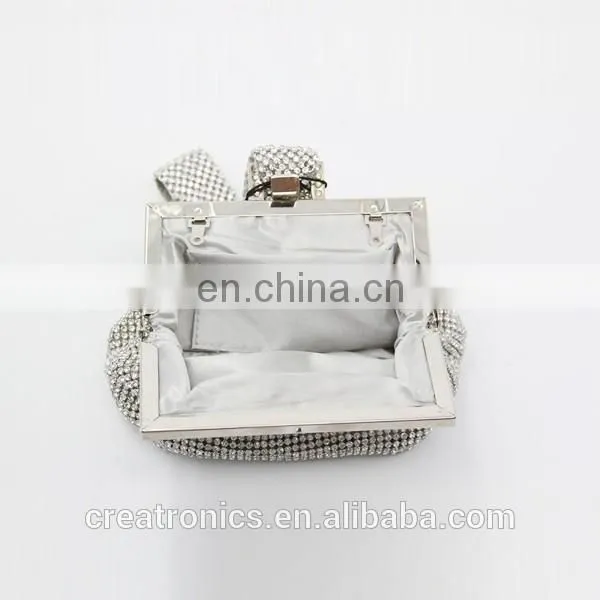 CR sample available shining diamonds surface metal frame portable long handle silver top sales trendy india clutch bag