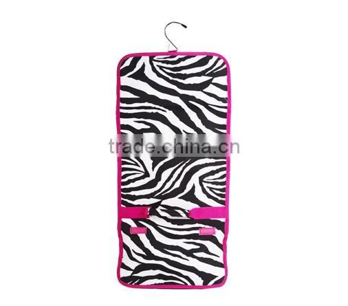 Large zebra hot pink cosmetic bag with tri-fold two snaps closure