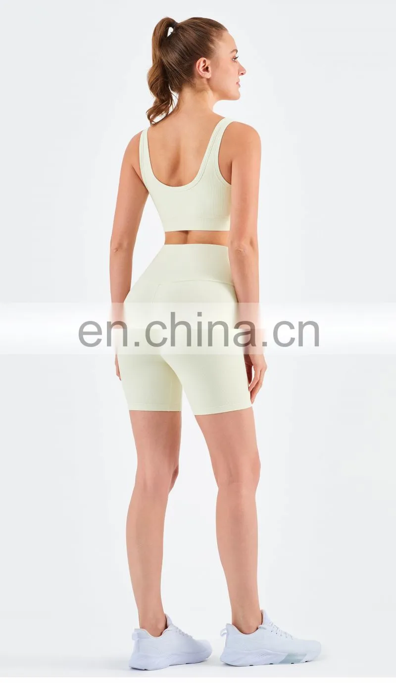 Athletic Ribbed Yoga Fitness Women Square Neckline Sports Bra Biker Shorts Set Gym