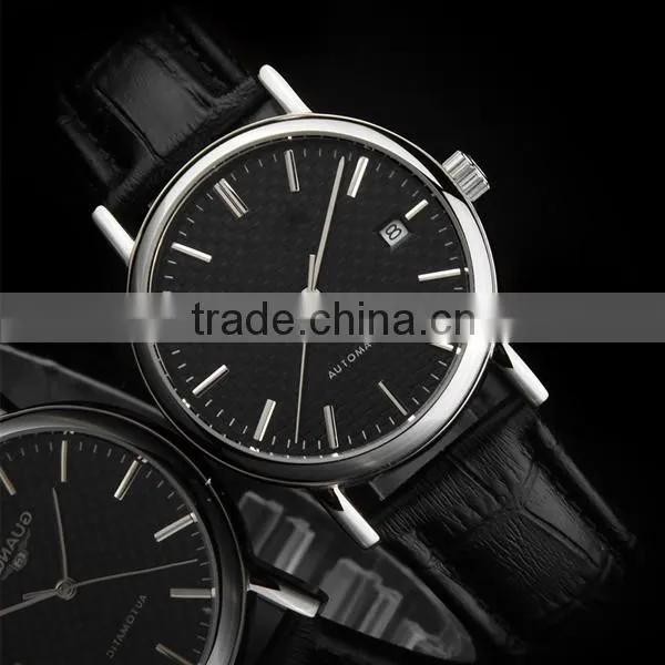 2015 popular Leather mens stainless steel mechanical factory watches