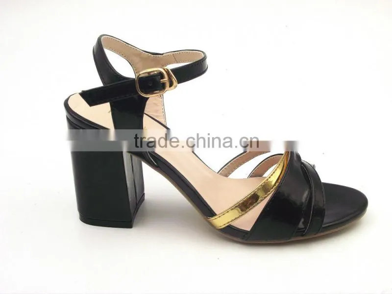 color matching thick heel italian leather Middle heel sandals ladies gold with black