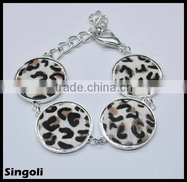 Leopard print Horse hair bracelet round silver chain Lobster clasp 2014 wholesale alili express fashion bracelet jewelry