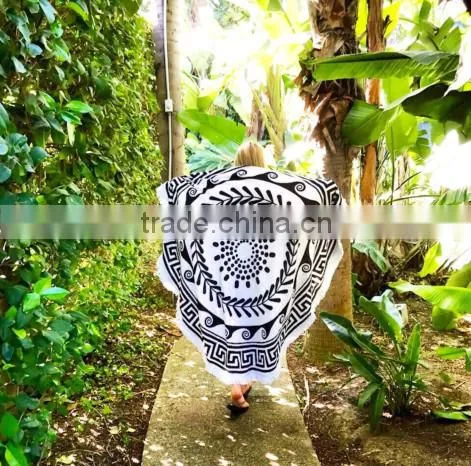 Round Beach Towel with Tassels, 100 Cotton Turkish towel/ Printed Turkish towel with tassel fringe for europe market