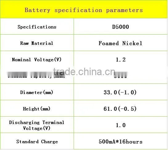 NiCd Rechargeable battery d 6v 5000 ni cd battery pack for ergency power/d5000 nicd battery pack