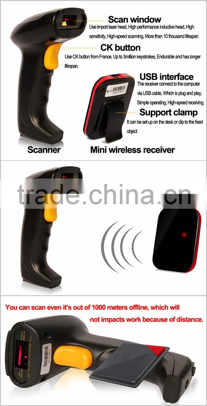 Warehouse Handheld Barcode Scanner With Memory 2.4G Wireless Laser 80/S Scanning Speed IPBS022