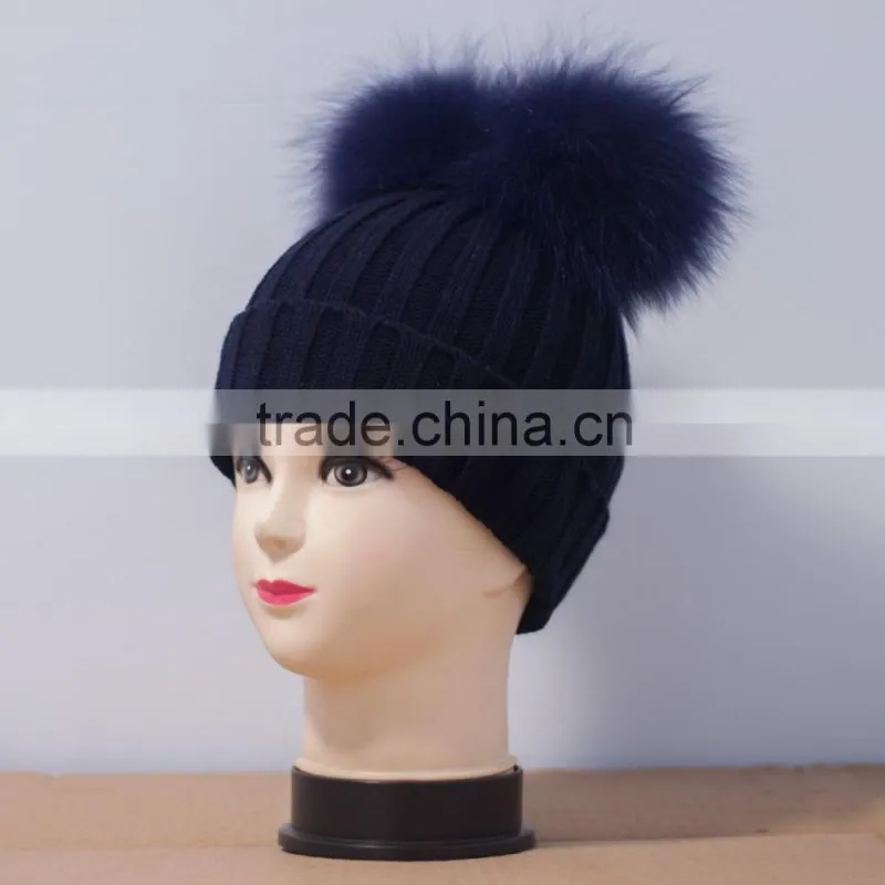 Knitted woolen hat with two big raccoon fur pompoms new design