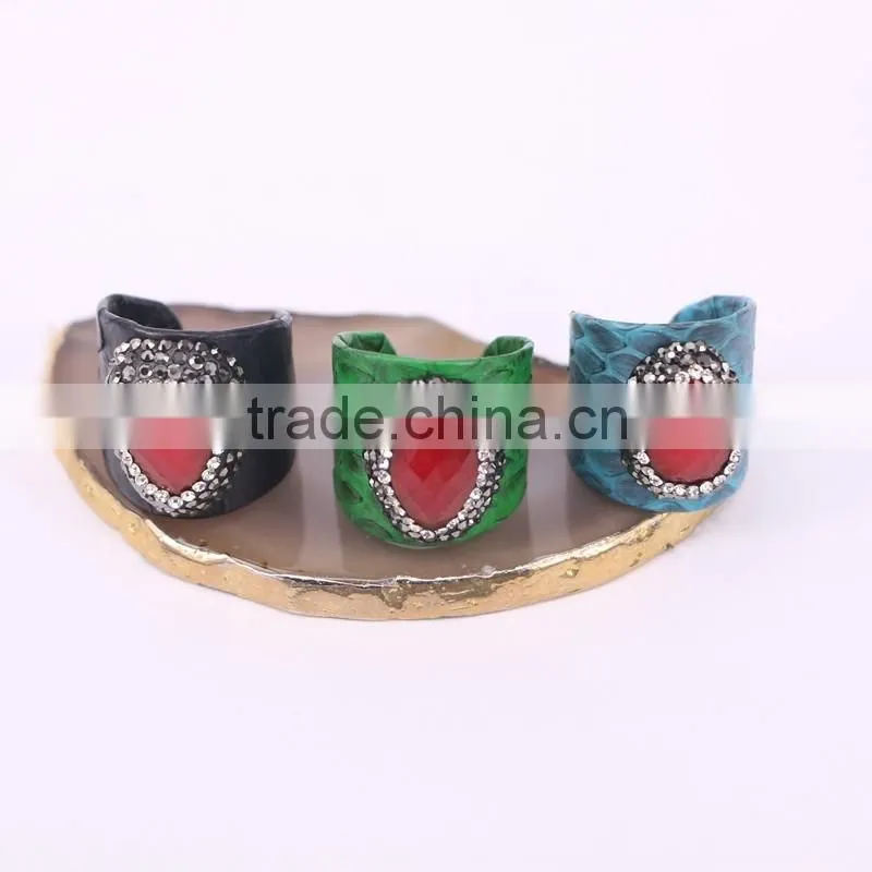 Charm Red Gem Natural Stone Ring, Snakeskin Rings, Oval Shape Pave Setting Crystal Jewelry Finger Druzy Gem Ring