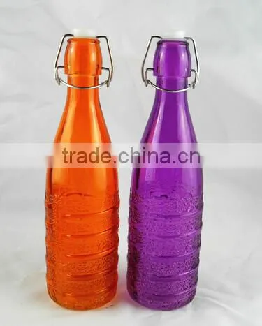 colored Edges and corners shape glass juice bottle with swing top plastic lid 1000ml &500ml &250ml