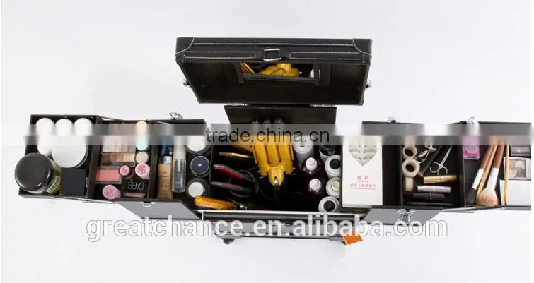 Black Leather Like Professional Aluminum Rolling Cosmetic Case Makeup Trolley