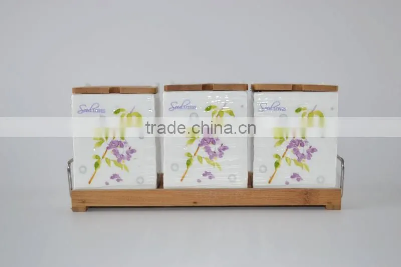 high quality wholesale ceramic spice bottles with wood lid/spice racks jars wholesale/3pcs set ceramic storage jar whole sale