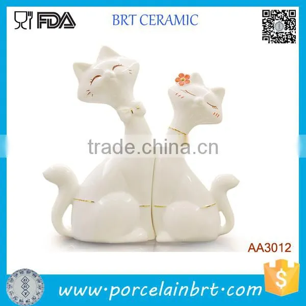 Cute Charming Ceramic Couple Cat Gold Plate Home Decor