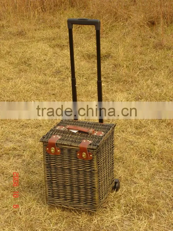 handweave wicker picnic basket with wheels& trolley&pull rodand wheels in autumn &fall