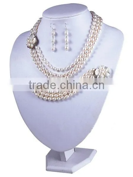 3 Rows 6-7mm Cheap Pearl Necklace and Earring Set Bracelet